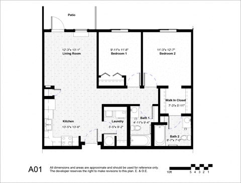 Floor plan for 2 beds, 2 baths, 927 sqft